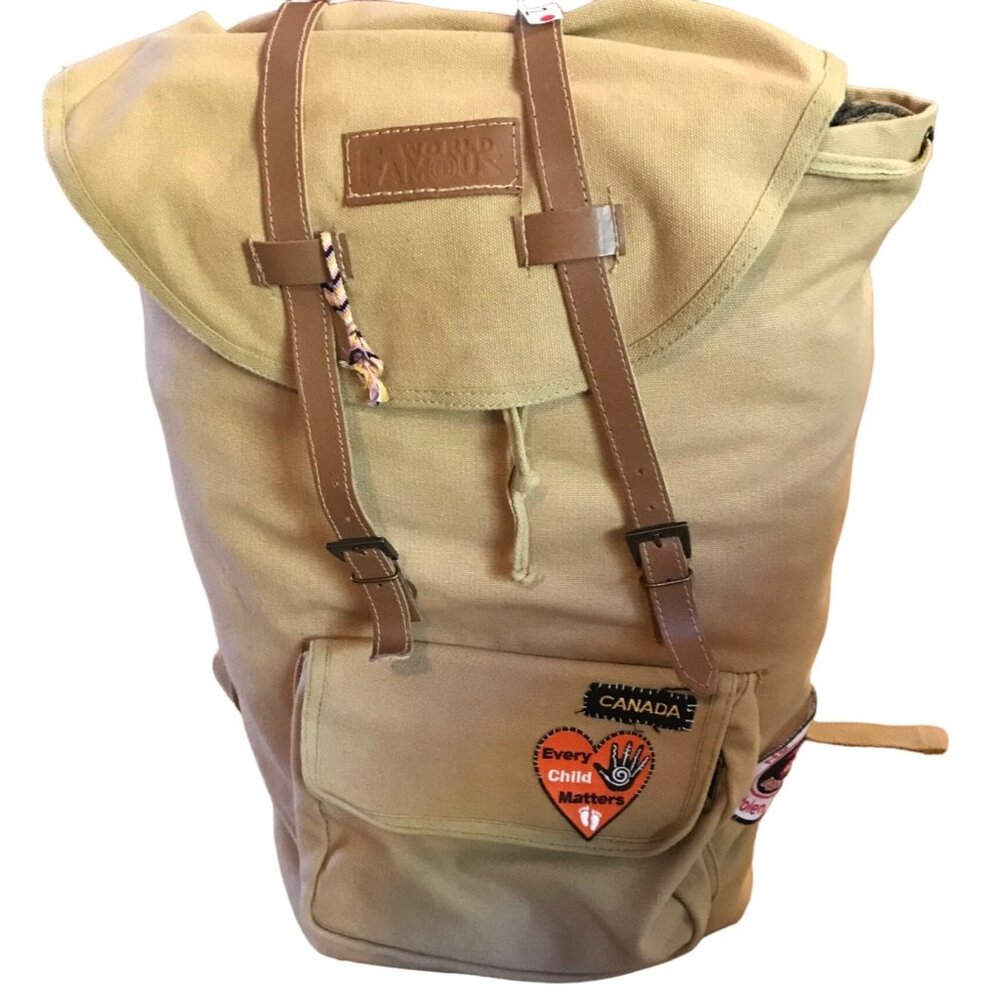 World Famous Nessmuk Rucksack Tan Backpack Indiginous Patches Drawstring Pocket